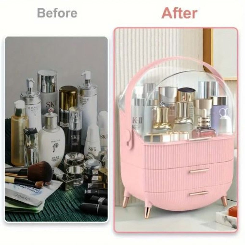 Elegant Pink Makeup Organizer with Golden Accents