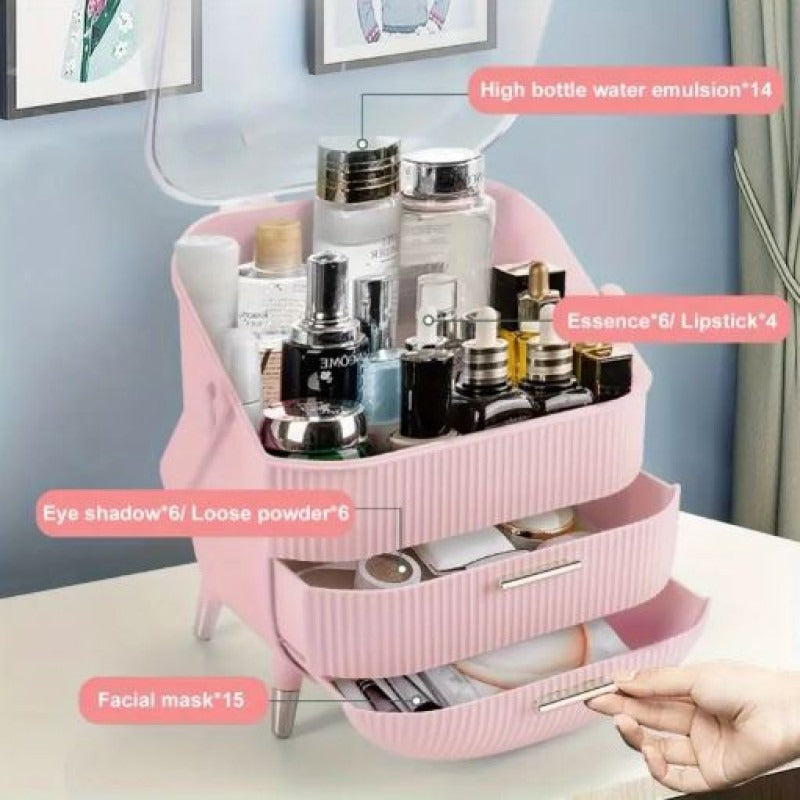 Elegant Pink Makeup Organizer with Golden Accents