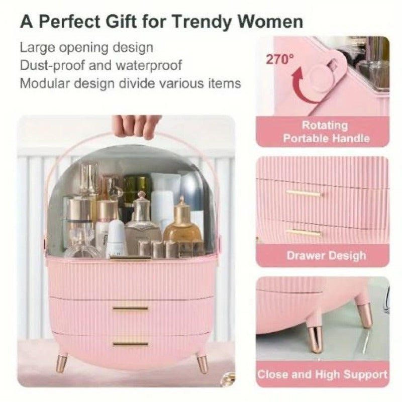 Elegant Pink Makeup Organizer with Golden Accents