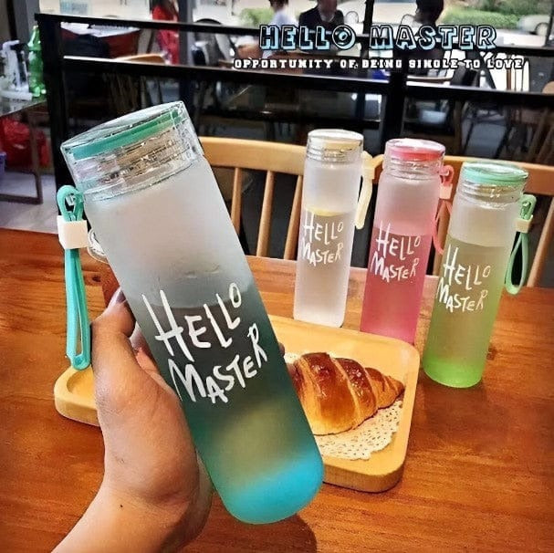 New Hello Master Frosted Crystal Glass Water Bottle – Stylish Multicolor Design – Eco-Friendly, BPA-Free, Leak-Proof with Handle for Travel, Gym, and...