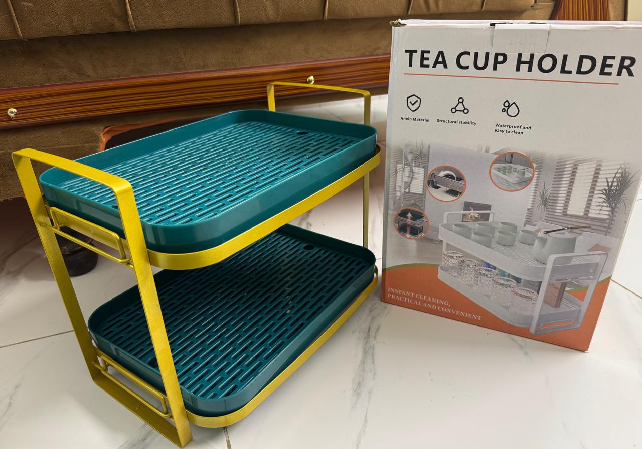 2 Tier Cups Mugs Drying Rack with Drain Tray, Tableware Fruit Storage Rack, Kitchen Countertop Organizer Shelf for Coffee